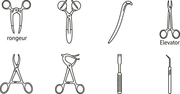 Assortment of stainless steel surgical instruments including forceps, elevator, and rongeur tools for operative use.