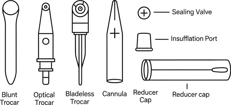 A set of labeled medical trocar components including blunt, optical, and bladeless versions are illustrated for laparoscopic surgery.