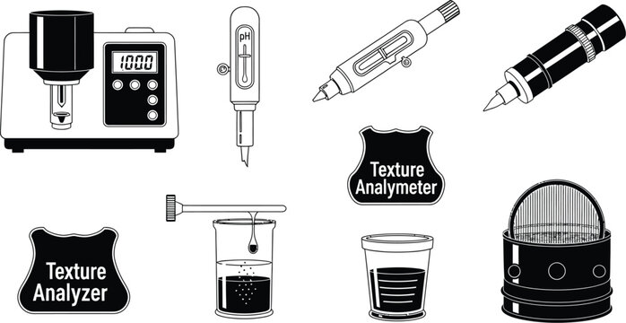 Laboratory instruments for material testing include a texture analyzer, probes, and sample holders in black and white outline.