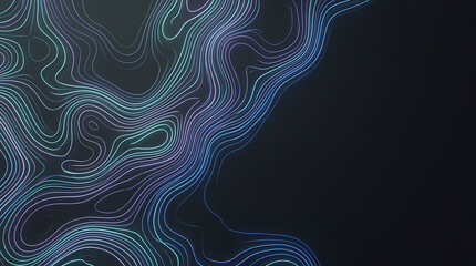 Neon topographic contour lines on dark background with copy space