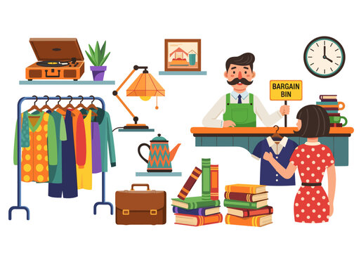 Bargain bin shopping scene with vintage items and clothing rack at a thrift store