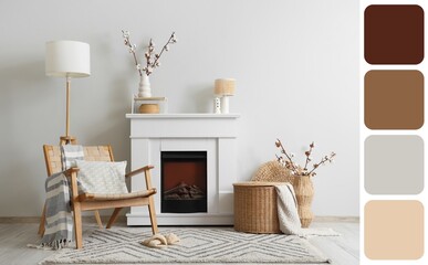 Naklejka premium Fireplace, armchair, wicker basket and vases with cotton flowers in interior of living room. Different color patterns