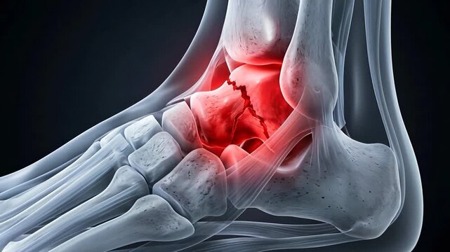 Medical Illustration Of A Fractured Ankle Bone In Red Highlight With A Dark Background Detailed Skeletal Anatomy Of Human Foot And Leg Showing