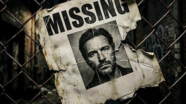 Tattered Missing Person Poster with Man's Photograph Attached to Chain Link Fence in Dark Urban Alleyway with Graffiti on Walls and Moody Lighting