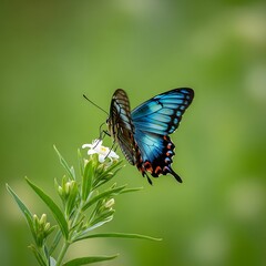 Naklejka premium Majestic blue butterfly resting on delicate white flowers in a lush green garden. atala butterfly