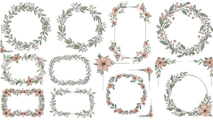 Obraz premium Floral illustrations showcase various wreath designs and frames on white
