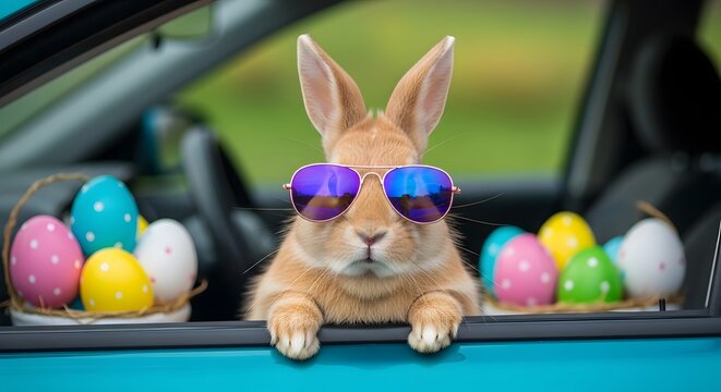 Easter bunny wearing sunglasses in a car with eggs