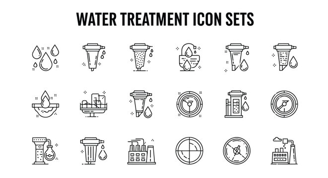 Collection of icons representing various water treatment processes and equipment Vector