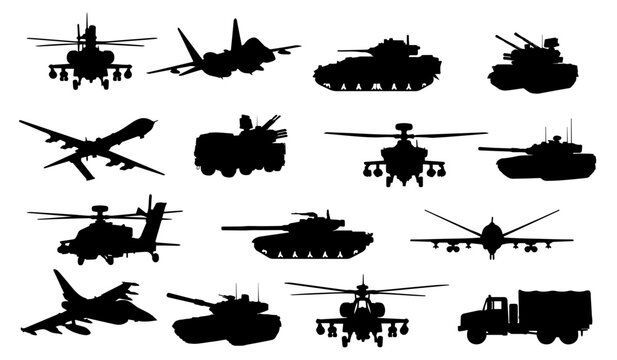 Modern military vehicles silhouettes collection tanks helicopters fighter jets drones army transport vector set