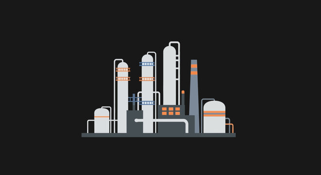 Industrial Refinery Complex with Distillation Towers and Storage Tanks.