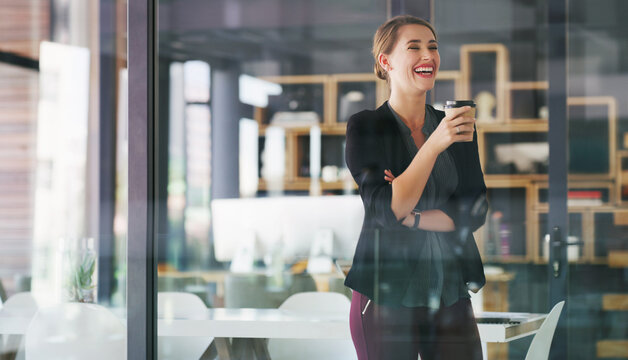 Glass, laughing and woman thinking with coffee in office, remember funny experience and joke reflection. Comic memory, beverage and employee with smile for nostalgia, workplace humor and perspective