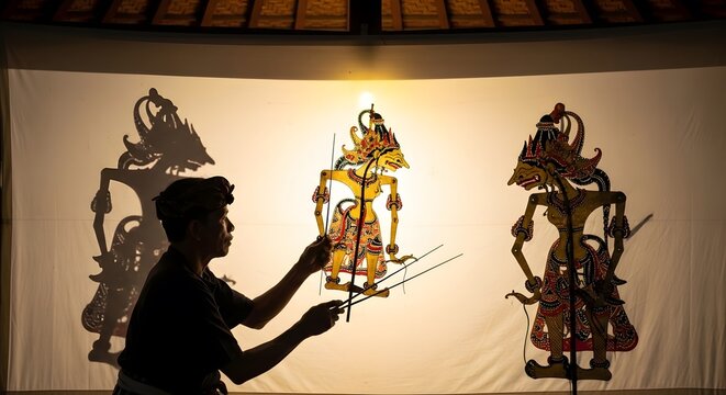 A dalang performs traditional Indonesian Wayang Kulit shadow puppet play with intricate figures on a backlit screen.
