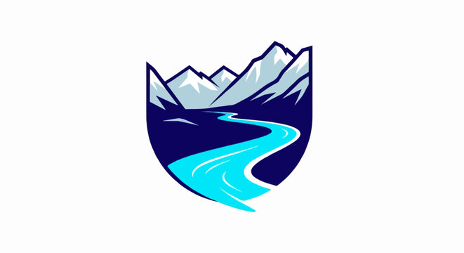 Stylized shield with snow-capped mountains and a winding river