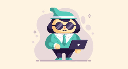 Cartoon character in sunglasses and hat holding laptop