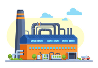 Fototapeta premium Modern industrial factory building with smokestack and pipes, flat design illustration