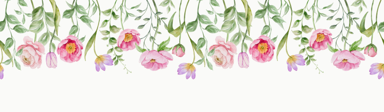 Watercolor seamless border garden flowers