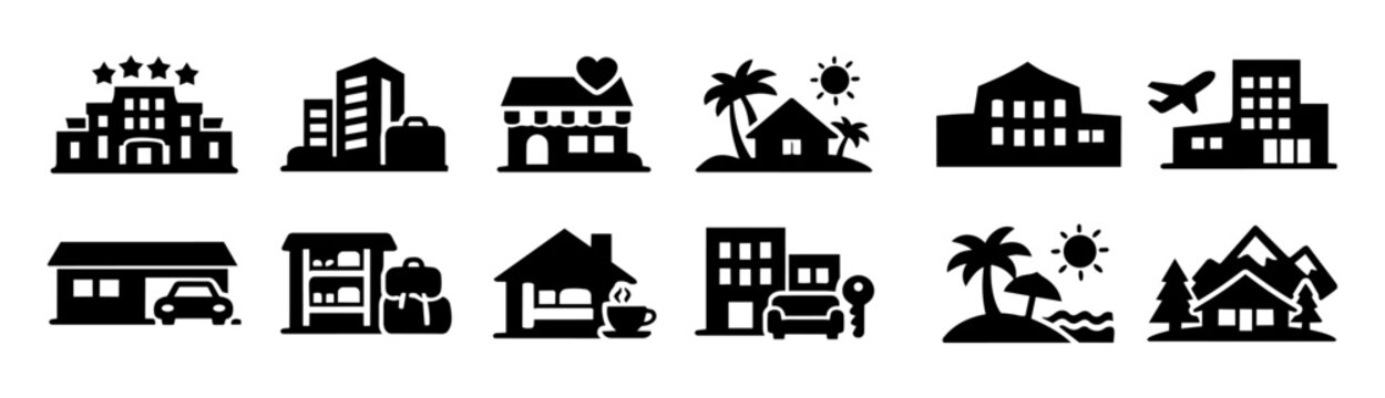 Hotel Types and Accommodation Icons Set &ndash; Luxury Hotel, Resort, Motel, Hostel, Bed and Breakfast, Apartment Hotel, Casino Hotel, Airport Hotel, Beach Resort, Mountain Lodge Silhouettes