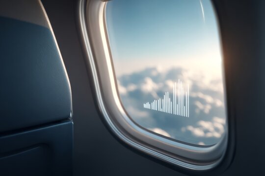 Large passenger airplane flying above clouds with a barchart icon