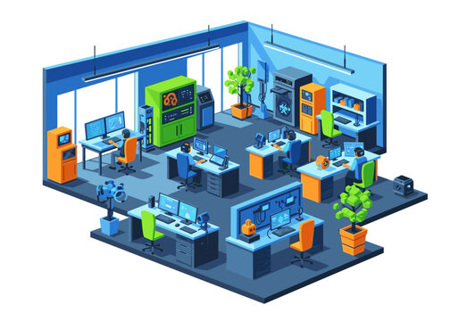 Isometric view of a modern data center with employees working at computer stations