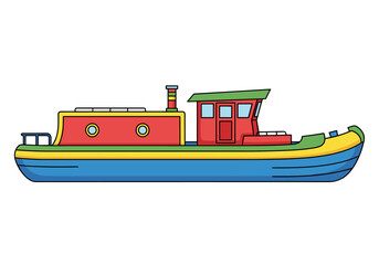 Obraz premium Colorful cartoon narrowboat with red cabin and blue hull sailing on water