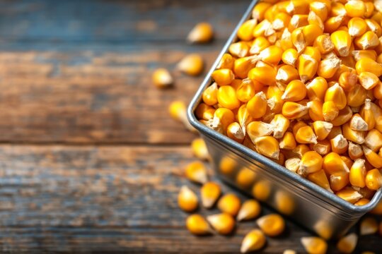 Stored Corn Kernels in Metal Container with Fungal Spores on Wooden Surface