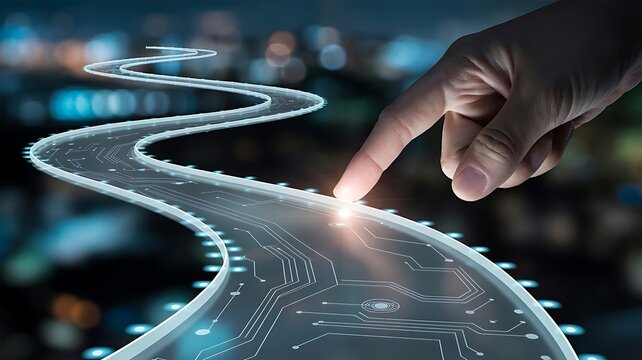 Finger touching glowing digital pathway road technology abstract concept futuristic innovation cityscape background