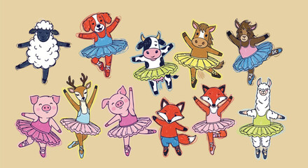 Hand drawn sketch animal ballerina doodle drawing collection on beige © Husmath