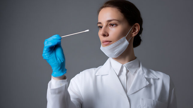 Medical professional in white coat and blue glove holds a diagnostic collection swab, face mask pulled down, preparing for sterile procedure