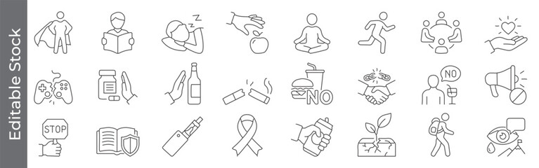 Healthy lifestyle and wellness habits icon set – editable outline symbols of exercise, meditation, nutrition, no smoking and self-care