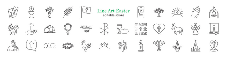 34 black and white easter line art icons with editable stroke. Religious symbols including cross, bible, angel, lamb, chalice, tomb, crown of thorns, and other christian elements in minimalist style. © Tetiana