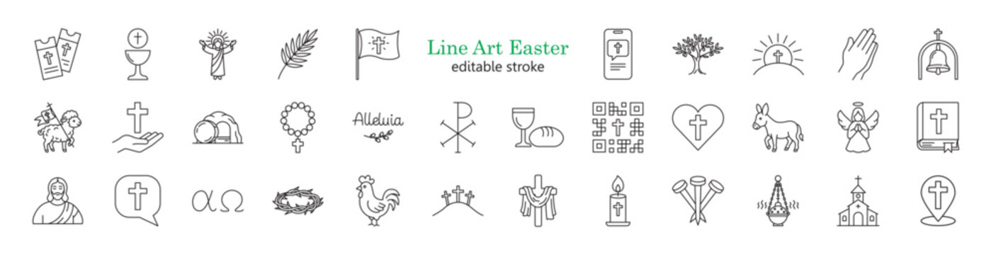 34 black and white easter line art icons with editable stroke. Religious symbols including cross, bible, angel, lamb, chalice, tomb, crown of thorns, and other christian elements in minimalist style.