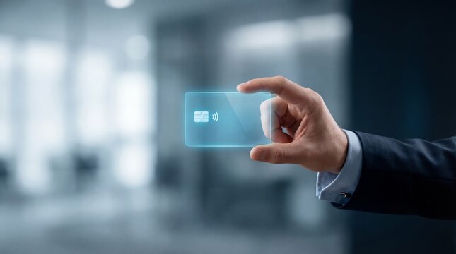Man holding transparent digital credit card for contactless payment. Future banking technology and financial transaction concept. Innovative electronic money security and digital economy service.