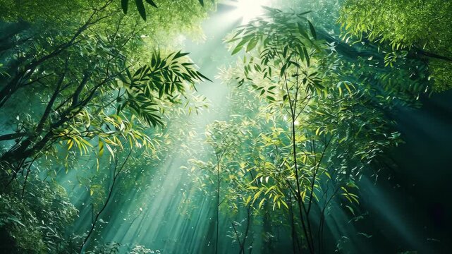 Sunbeams pierce bamboo forest, illuminating lush green foliage and creating a mystical ambiance