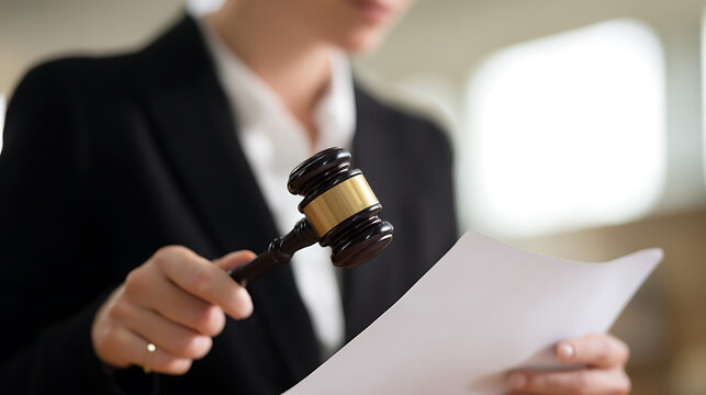 Professional holds a gavel and document, symbolizing legal authority, justice, auction proceedings, and important decision-making moments