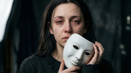 depressed woman with tearful eyes holding a smiling white mask illustrating the painful emotional hiding in modern society