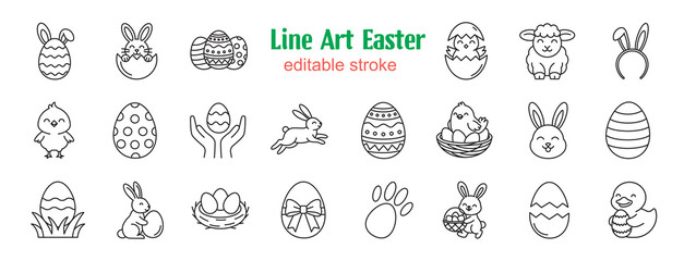 22 black and white linear icons with editable stroke. Easter theme including bible, bunny, egg, chick, lamb, and cross. Minimalist and cute style. © Tetiana