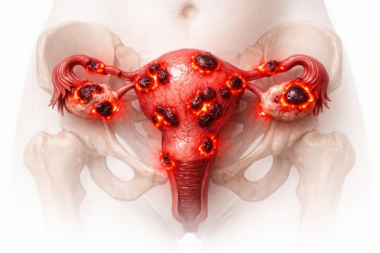 Endometriosis female reproductive system anatomy visualization showing ectopic endometrial tissue implants representing chronic pelvic pain pathology in clinical gynecology healthcare