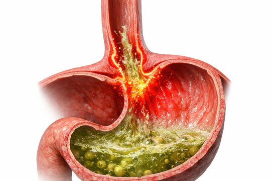 Gastroesophageal reflux disease acid GERD anatomy visualization exhibiting esophageal sphincter failure and mucosal burn representing painful digestive pathology healthcare