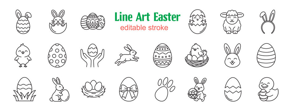 22 black and white linear icons with editable stroke. Easter theme including bible, bunny, egg, chick, lamb, and cross. Minimalist and cute style.