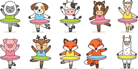 Fototapeta premium Cute vector animals dancing ballet in colorful tutus