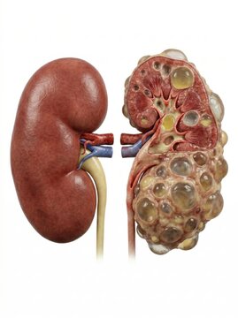 A medical comparison visualization displaying a healthy kidney alongside one affected by Polycystic Kidney Disease PKD dramatic visual comparison highlighting pathology clinical nephrology healthcare