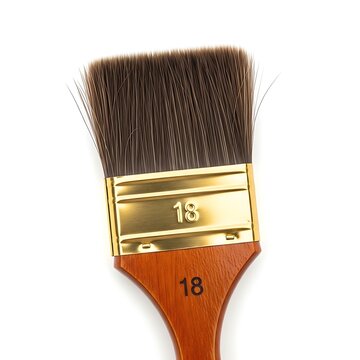 A close-up of a paintbrush with a red handle