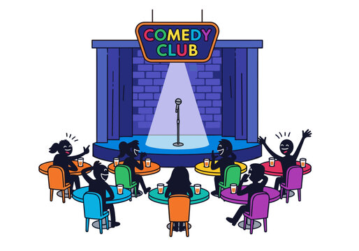 Diverse audience enjoys a stand-up comedy show at a lively club with colorful seating