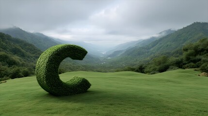 Naklejka premium A sculpted green letter C made of moss sits in a lush mountainous landscape under a cloudy sky