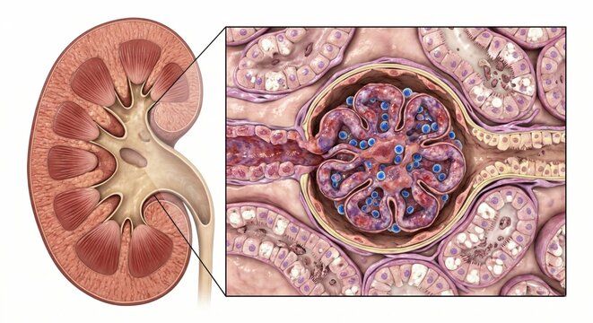 Glomerulonephritis kidney micro anatomy visualization exhibiting inflamed and swollen glomerulus capillaries within nephron structure representing nephrology pathology clinical science