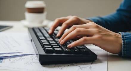 Close-up of Professional Hands Typing on a Mechanical Keyboard at an Architectural Workspace with Coffee and Blueprints