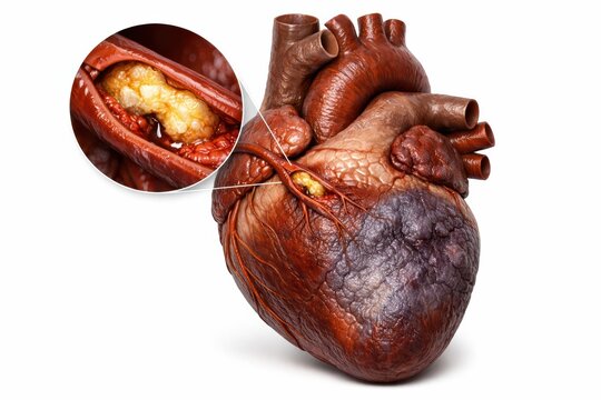 Hyper-realistic 3D visualization of ischemic heart disease displaying coronary artery plaque and resulting necrotic myocardial infarction distal to obstruction within clinical cardiovascular science