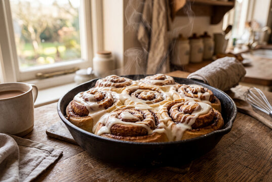 Brioches &agrave; la cannelle fra&icirc;chement cuites dans un moule rond avec gla&ccedil;age au fromage frais