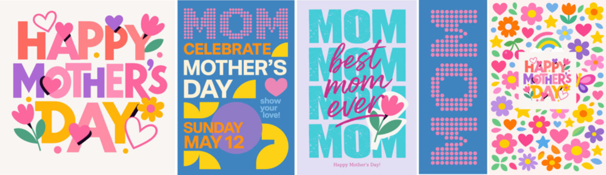 Mother&rsquo;s Day colorful typography posters with flowers, hearts and playful lettering. Modern greeting card designs celebrating mom with love, perfect for holiday banners, social media posts and festive