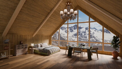cabin setting features wooden walls and floors with a bed and dining area. Large windows display snowy mountains, creating a warm atmosphere for relaxation and meals. 3d render